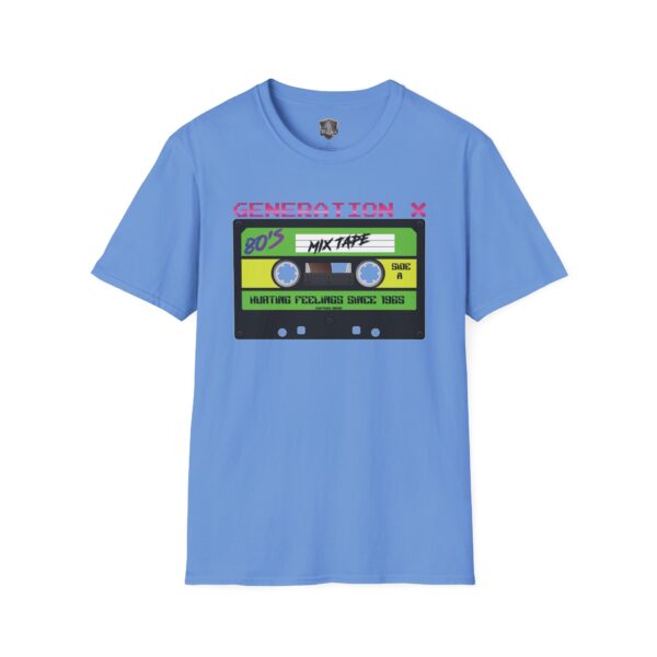 Generation X Tape T-Shirt in light blue, showcasing a graphic of a cassette tape with "80's Mixtape" and "Generation X" text.