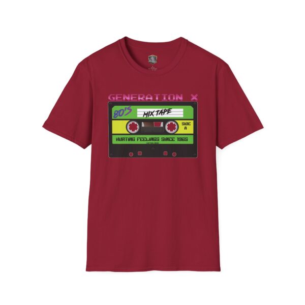 The Generation X Tape T-Shirt is a red top displaying a cassette tape graphic labeled "80's Mixtape," accompanied by the text "Generation X" and "Hurtling feelings since 1985.