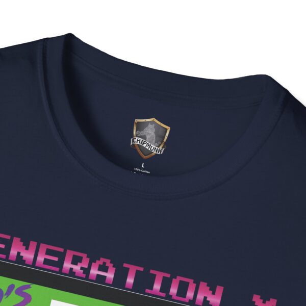 The navy blue Generation X Tape T-Shirt features a label with the brand logo and "L" for large, showcasing design text in pink and white on the upper part.