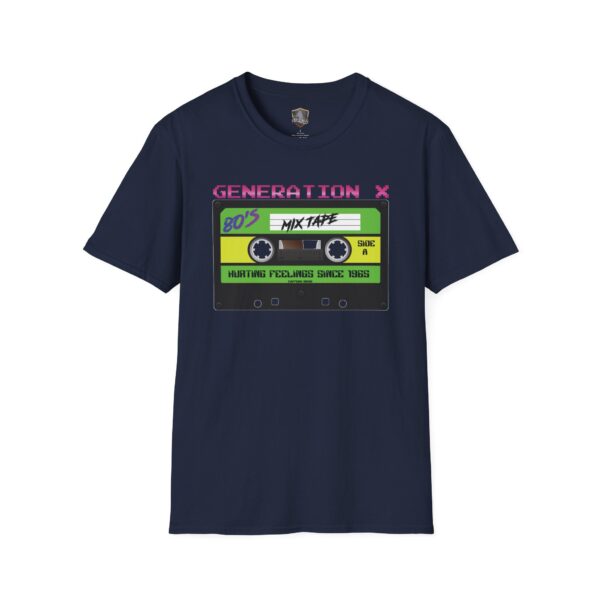 Navy Generation X Tape T-Shirt featuring a cassette graphic labeled "80's Mixtape" with pink "Generation X" text and "Hurting Feelings Since 1965" below.