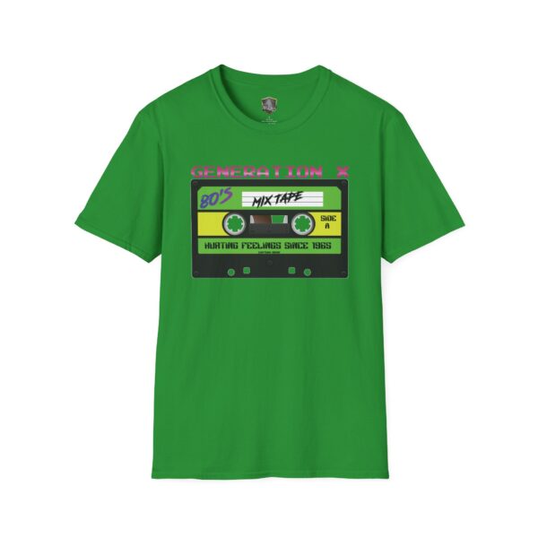 The Generation X Tape T-Shirt is a green tee showcasing a cassette design labeled "80's Mixtape" with the words "Generation X" and "Hurting Feelings Since 1983".